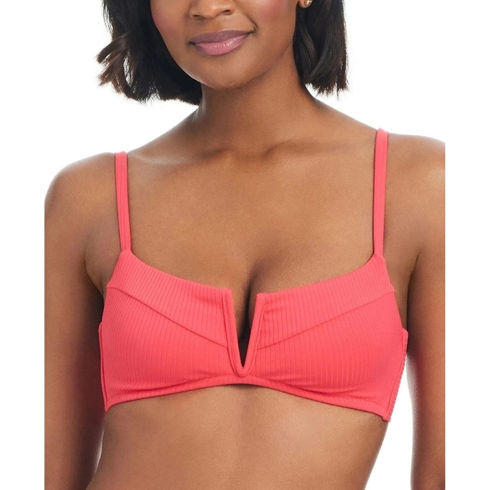 NWT Bar III Bikini Top Women's Small Red Nylon Ribbed V-Wire Tie Back Swimwear
